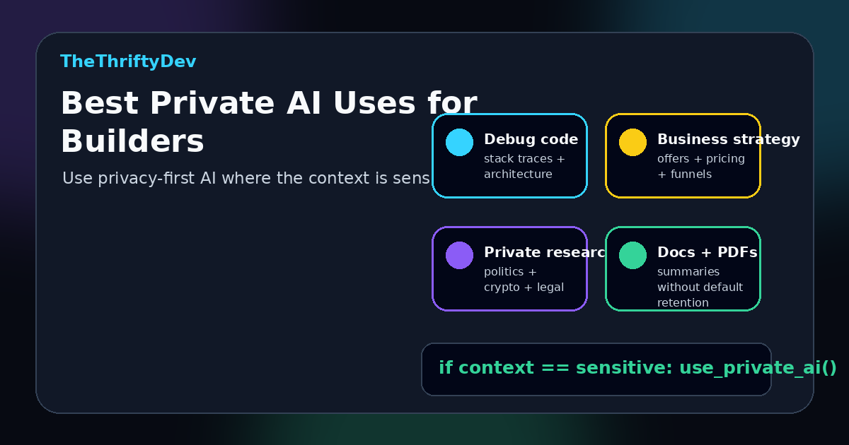 Grid of developer use cases for private AI including code, research, documents, strategy, and creative work
