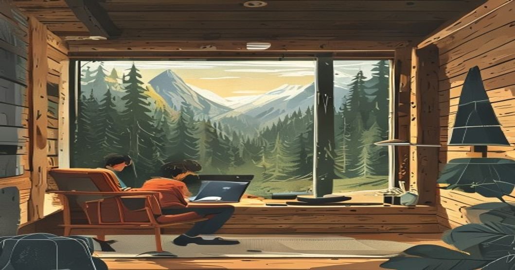 A person using a laptop with local AI in an off-grid cabin setting, no WiFi icon