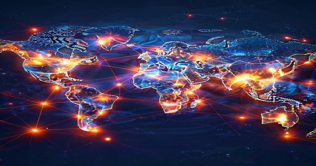 A world map with glowing connection points showing mesh network coverage across 