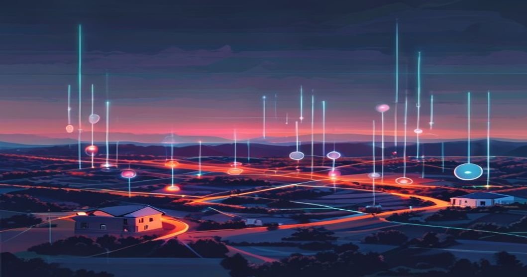 A signal strength visualization showing radio waves bouncing between nodes acros