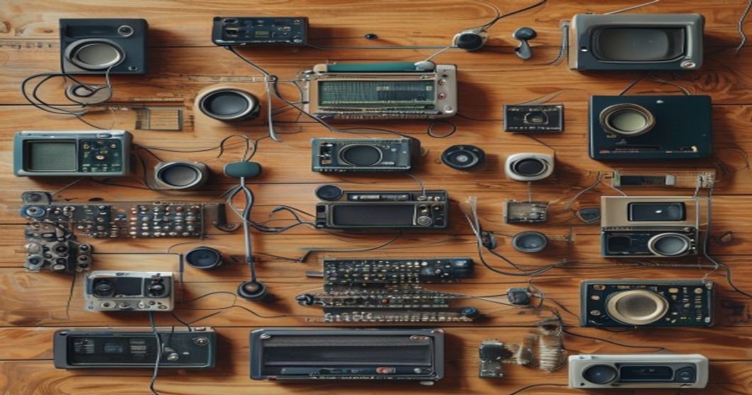 A flat lay of various Meshtastic radio devices arranged on a wooden table with a