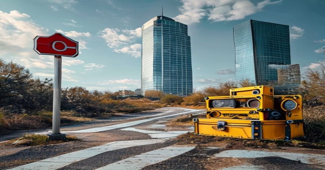 A digital illustration showing a crossroads with one path leading to a shiny cor