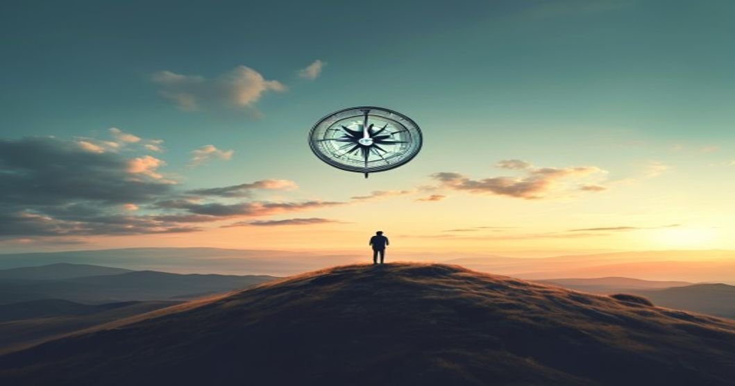 A digital illustration showing a compass pointing toward a glowing horizon with 