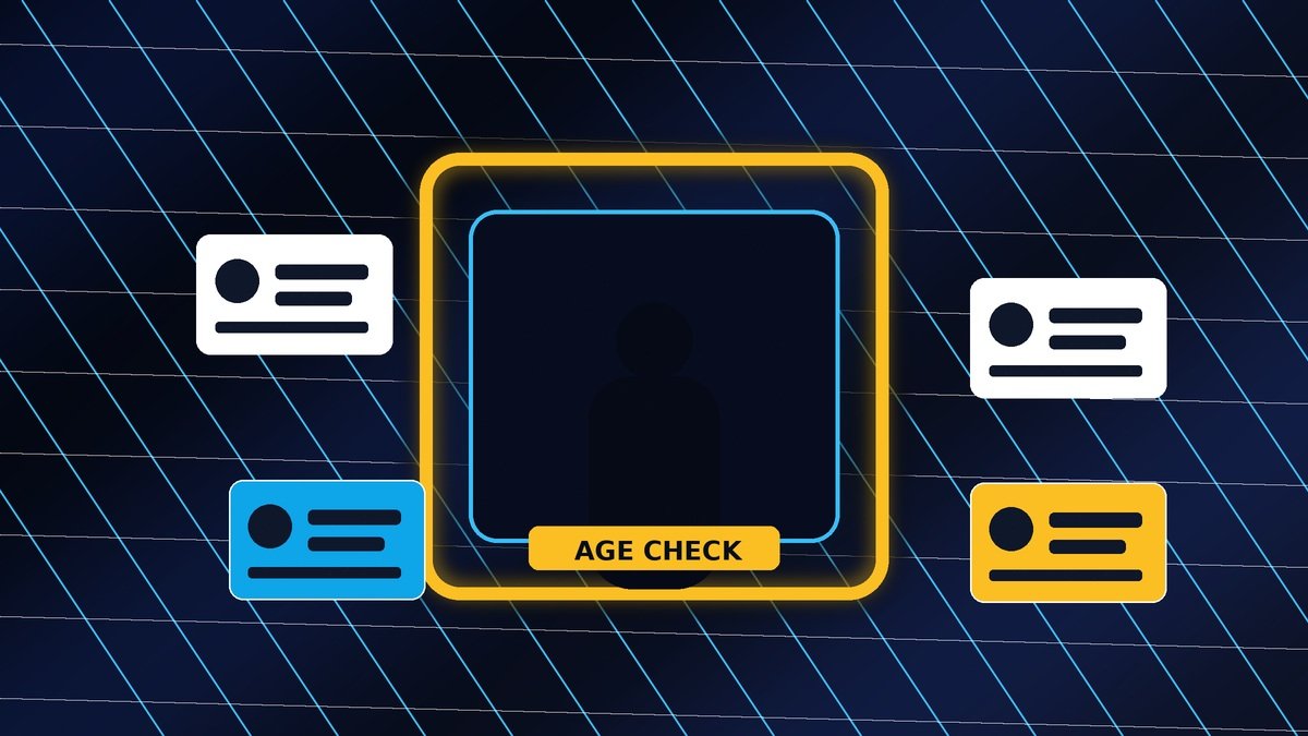 A premium editorial illustration of an age-check gate between a user and the open internet