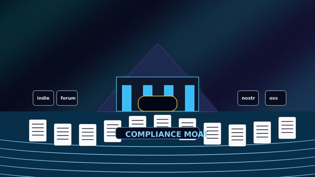 A giant technology castle surrounded by a compliance moat while small websites sit outside the gate