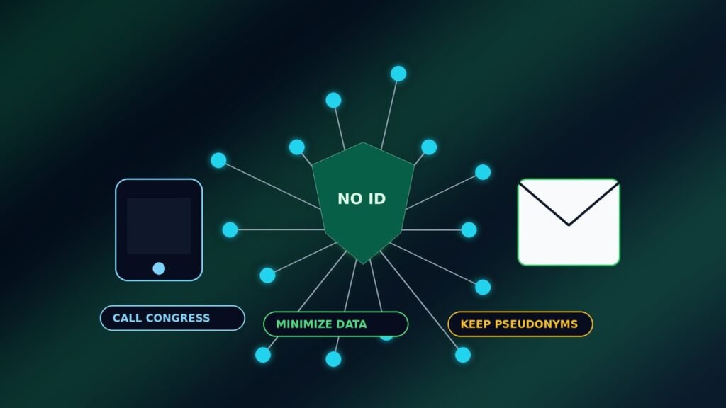 A privacy-focused action map showing calls to Congress, decentralized tools, and data minimization