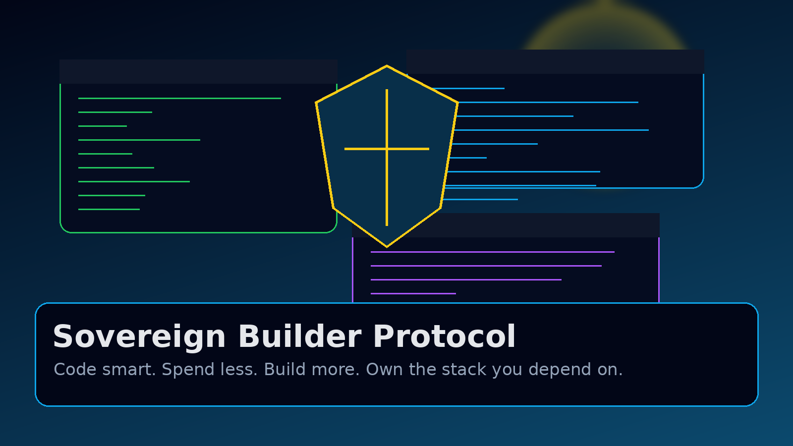 Sovereign Builder Protocol command center with privacy shield and hopeful dawn light