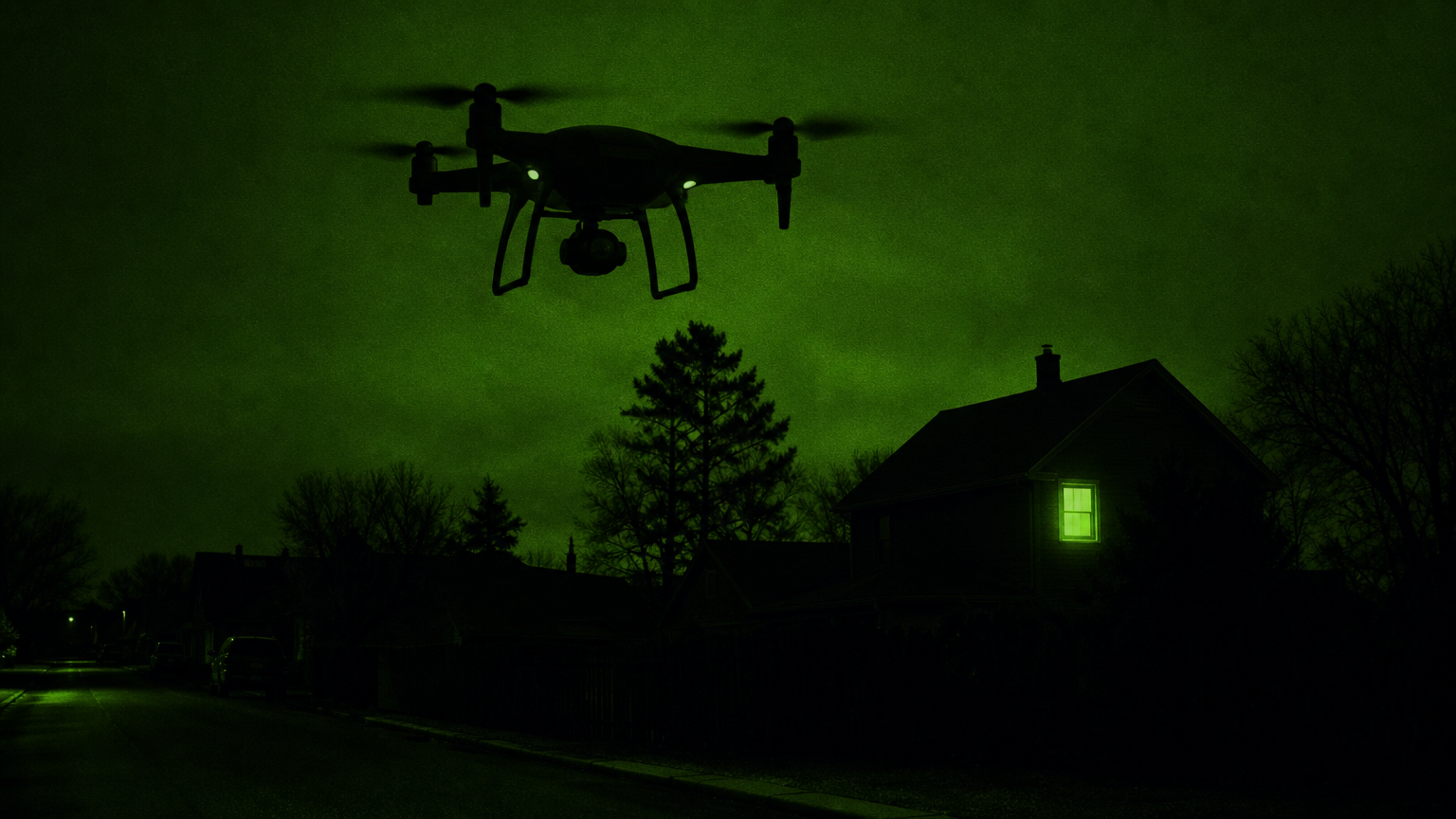 Silhouette of a police surveillance drone hovering over a dark neighborhood