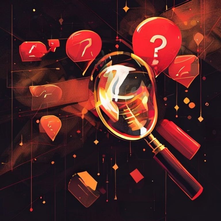 Abstract conceptual illustration of encrypted chat bubbles being scanned by a glowing magnifying glass with a question mark, dark moody background, red and gold accents, surveillance theme, no text, no human faces, sharp geometric style, sovereign builder aesthetic.