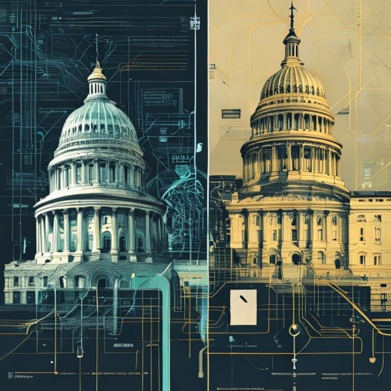 Side-by-side comparison illustration of two abstract government buildings (US Capitol dome and EU Parliament) connected by a flowing data pipeline with ID verification checkmarks, dark blueprint aesthetic, cyan and gold accents, no text, no faces, technical schematic style, sovereign builder theme.