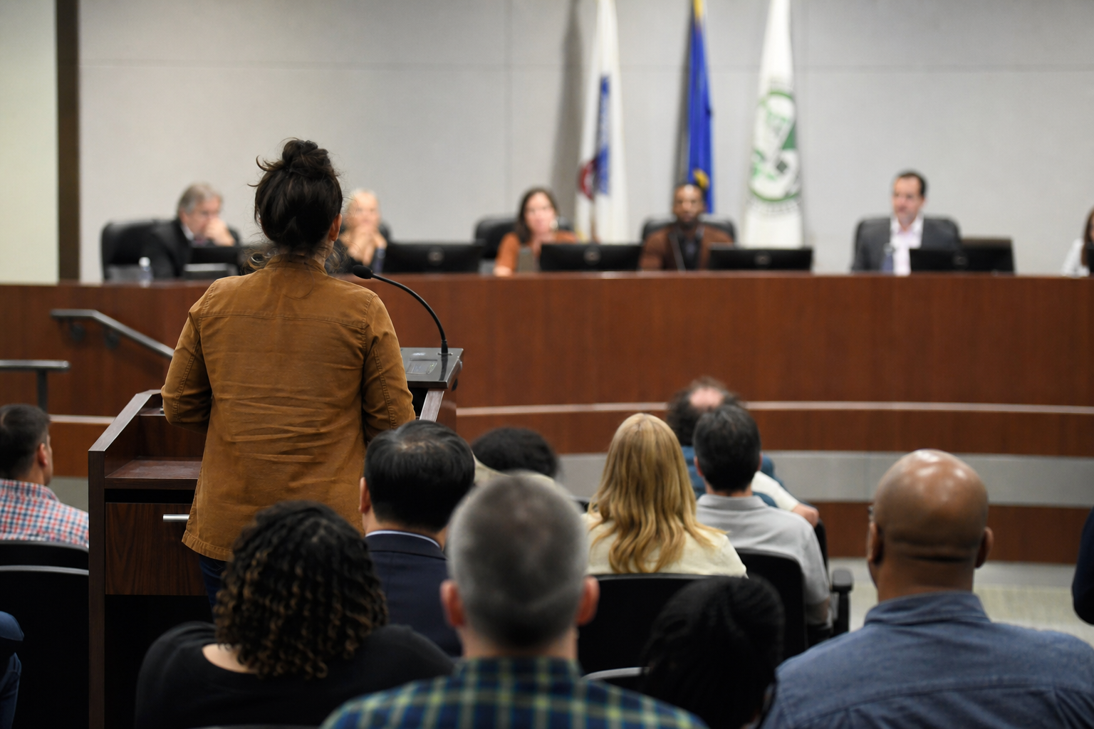 Citizens speaking at a city council meeting