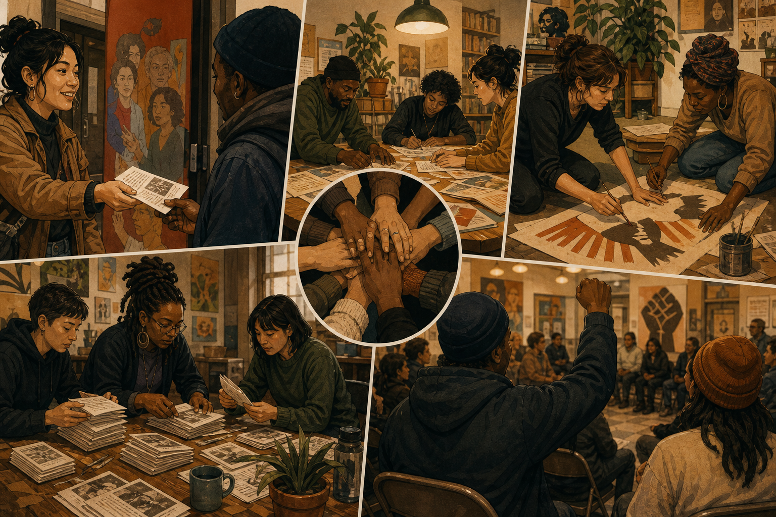Community organizers passing leaflets and signs in a community center