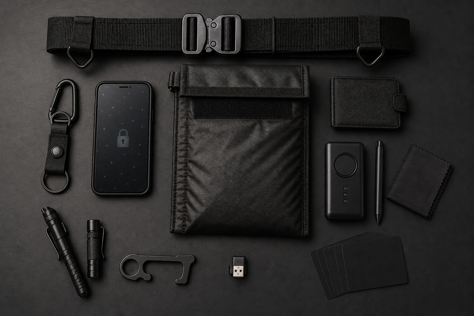 Privacy tools on a dark surface: encrypted phone, faraday bag, legal rights card