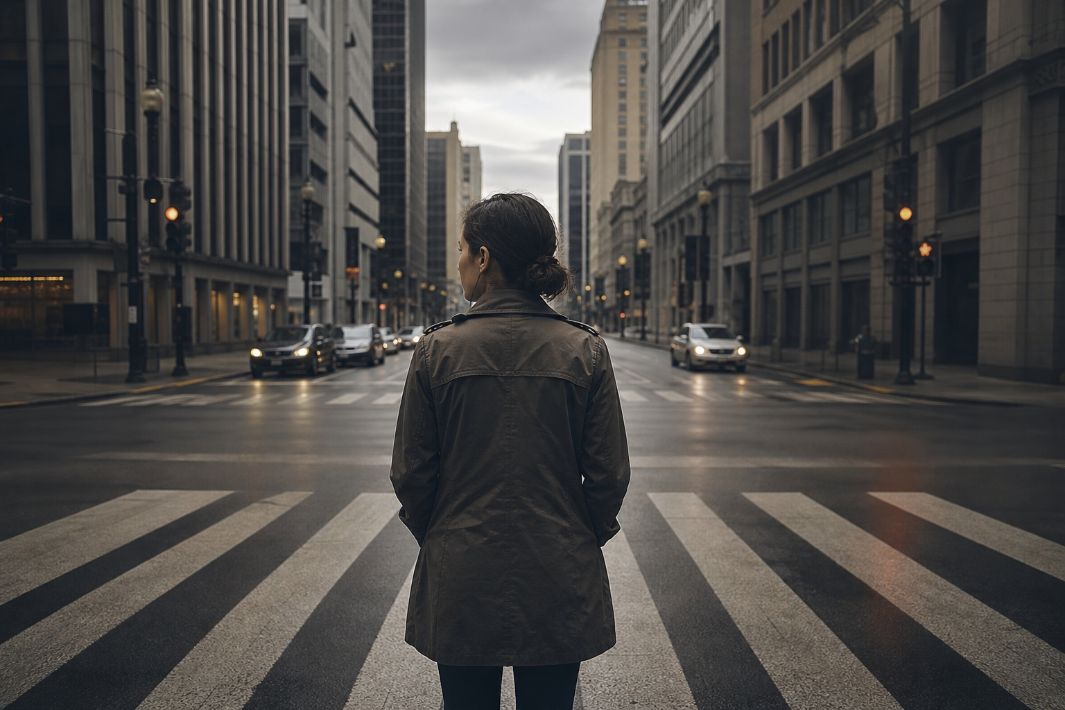 Person at an urban crosswalk looking both ways before stepping forward