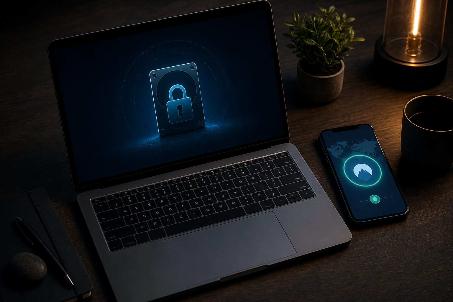 Encrypted laptop and VPN-equipped smartphone on a dark wooden desk