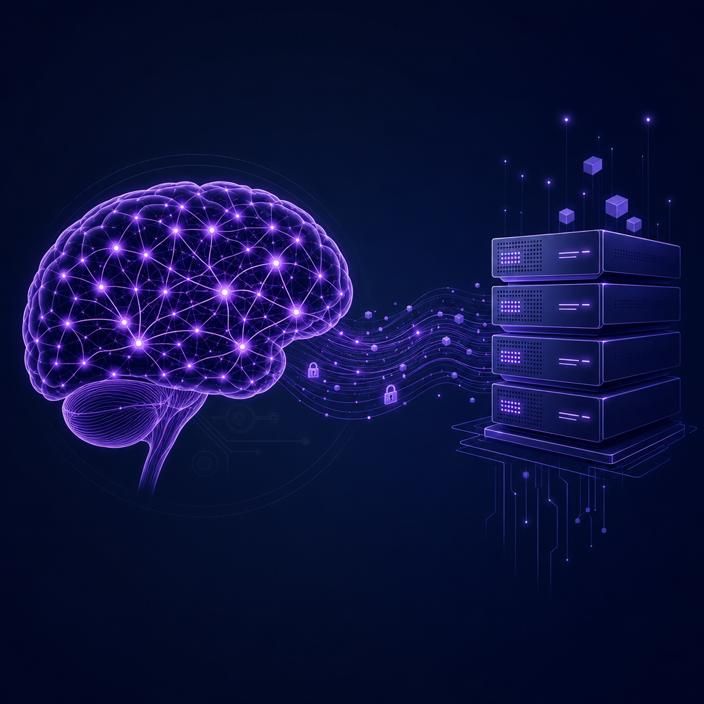 Clean technical illustration of a stylized brain profile silhouette with internal neural network connections glowing purple, juxtaposed with abstract server icons emitting subtle encrypted data streams, dark navy background, no text, no human faces, sovereign builder theme.