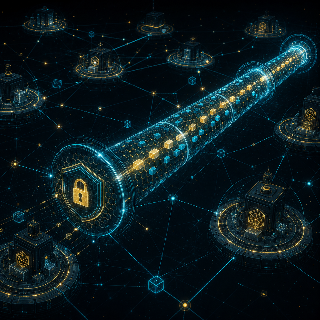 Abstract technical illustration of a glowing encrypted tunnel carrying data packets through a network of nodes, dark mode aesthetic with cyan and gold accents, no text labels, no human faces, network schematic style, sovereign builder theme.