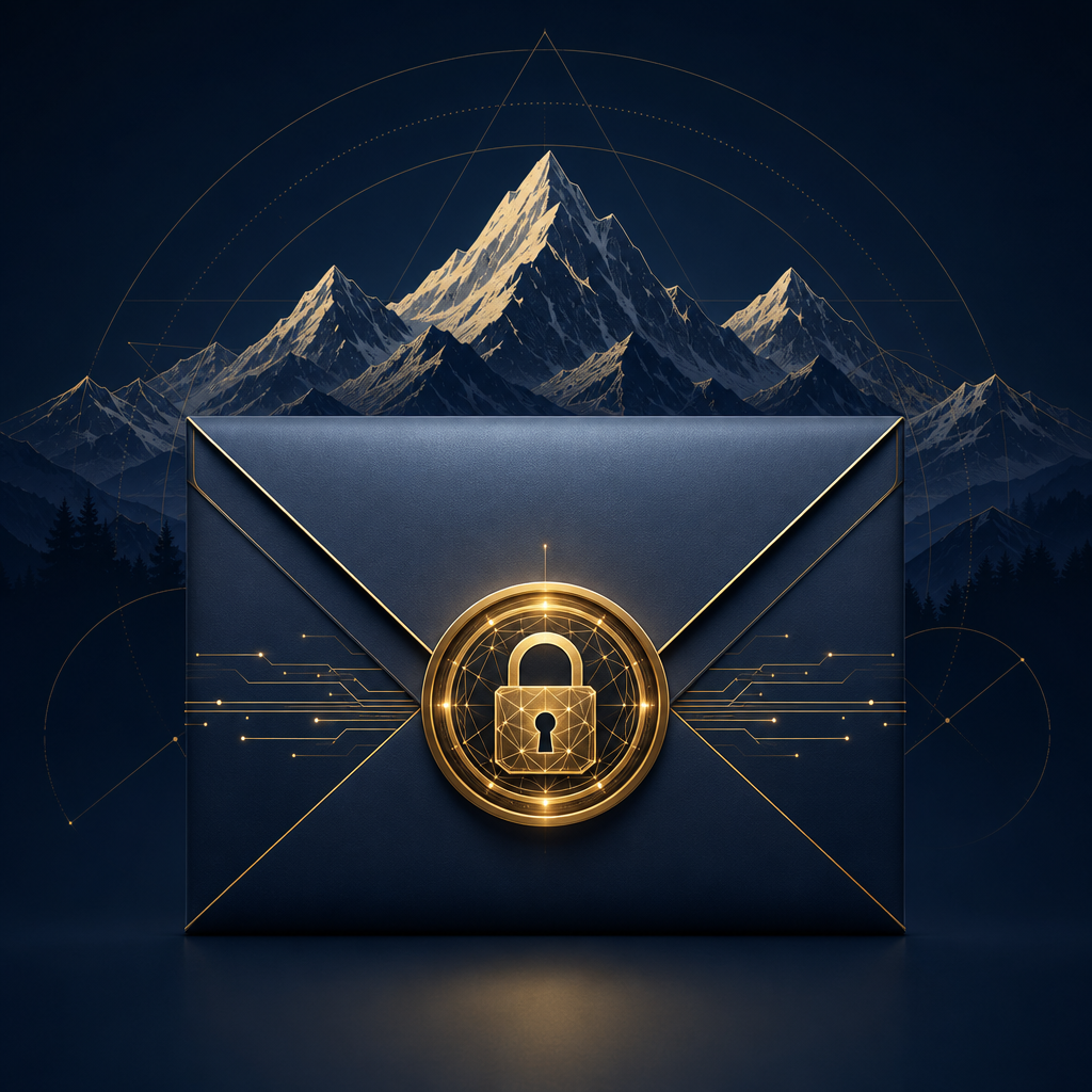 Clean technical illustration of an encrypted email envelope with a glowing zero-knowledge lock seal and subtle Swiss Alps silhouette in the background, dark navy and gold color palette, no text, no human faces, sovereign builder aesthetic, sharp geometric style.