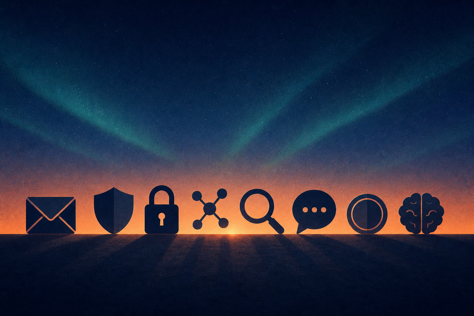 Stylized illustration of a stack of interlocking digital shields forming a tower, each shield bearing a different symbol (envelope, network nodes, speech bubble, hardware wallet, brain), dark navy and gold palette, sovereign builder aesthetic, no text, no human faces.