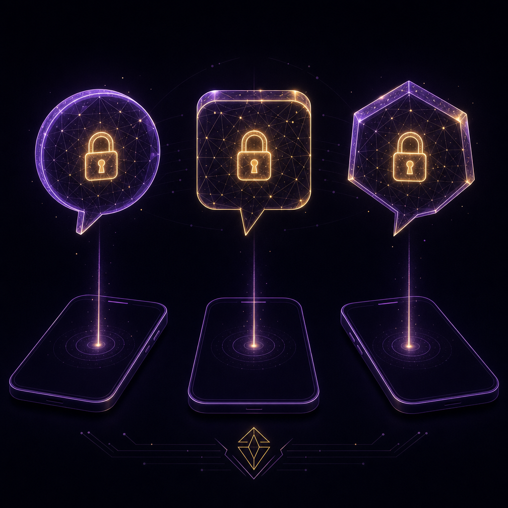 Clean conceptual illustration of three glowing encrypted speech bubbles in different geometric forms floating above three abstract smartphone outlines, dark mode with purple and gold accents, no text, no human faces, sovereign builder aesthetic.
