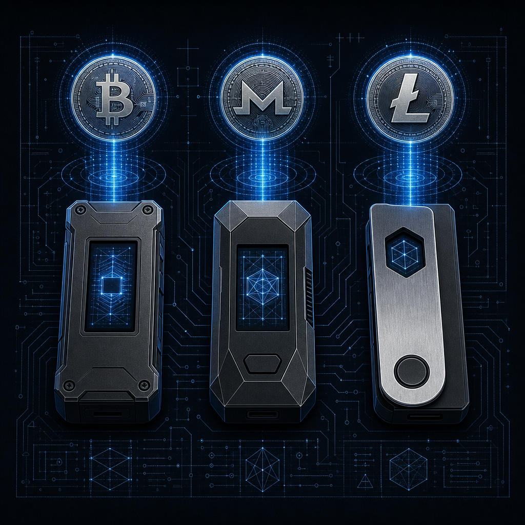 Technical illustration of three hardware cryptocurrency wallet devices arranged in a row with glowing coin icons floating above them representing Bitcoin, Monero, and zkLTC, dark mode with electric blue and silver accents, no text, no human faces, schematic style, sovereign builder aesthetic.