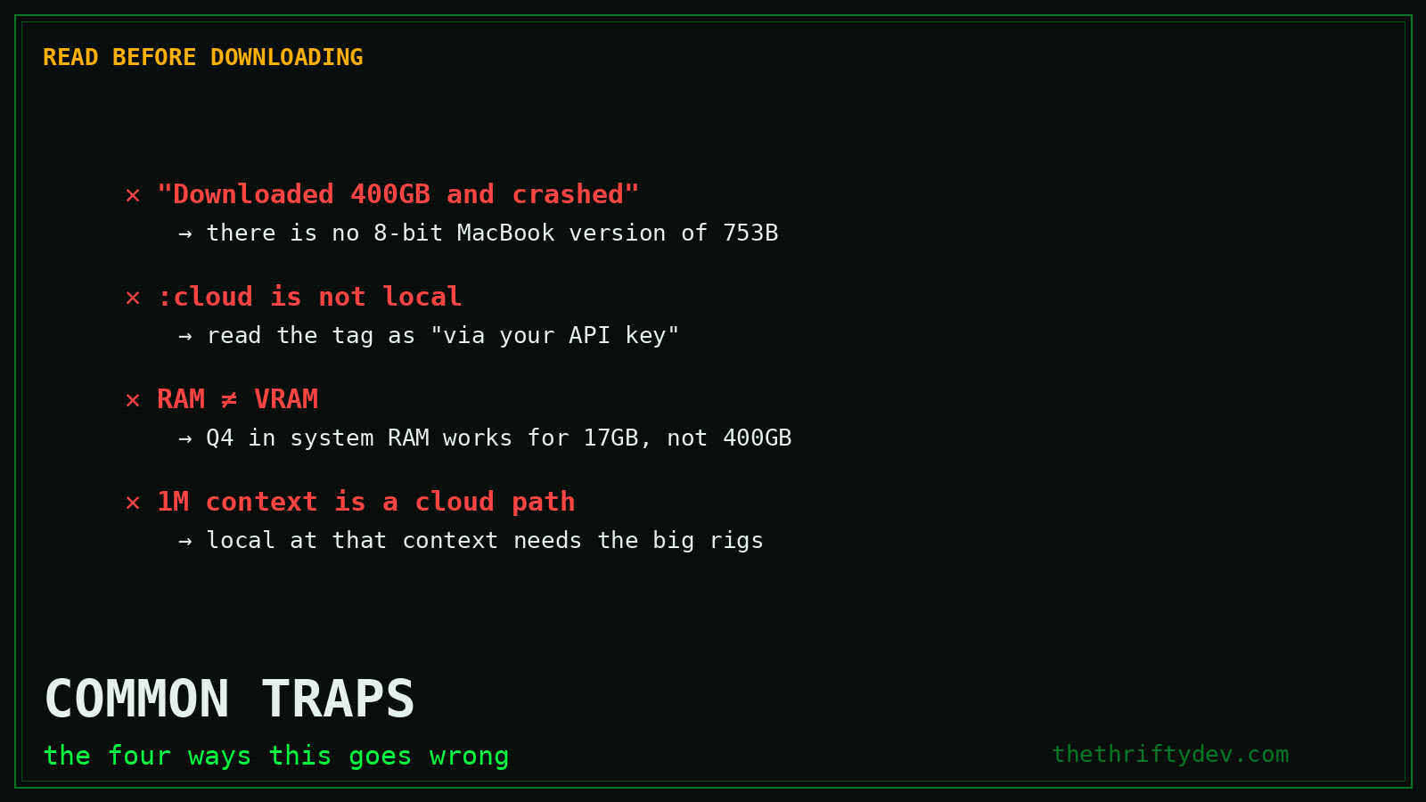 Four common traps when running GLM-5.2 locally: the 400GB download, the cloud tag meaning, RAM versus VRAM, and 1M context availability